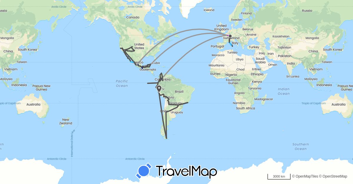TravelMap itinerary: driving, plane, train, hiking, boat, motorbike in Argentina, Bolivia, Brazil, Colombia, Ecuador, France, Italy, Mexico, Peru, Paraguay, United States (Europe, North America, South America)